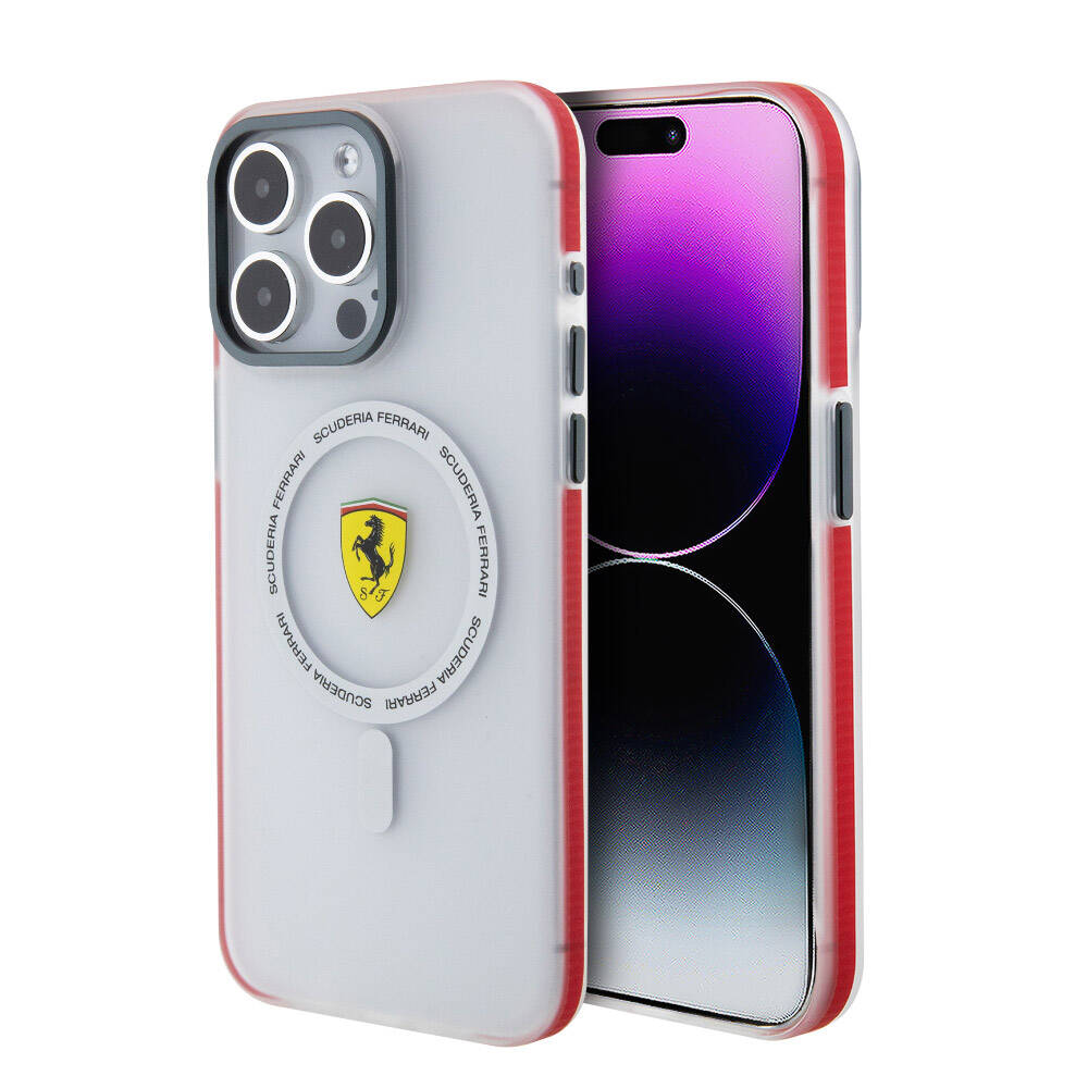iPhone 15 Pro Max Kılıf Ferrari Orjinal Lisanslı Magsafe Şarj Özellikli Kontrast Bumper SF Ring Kılıf Kırmızı