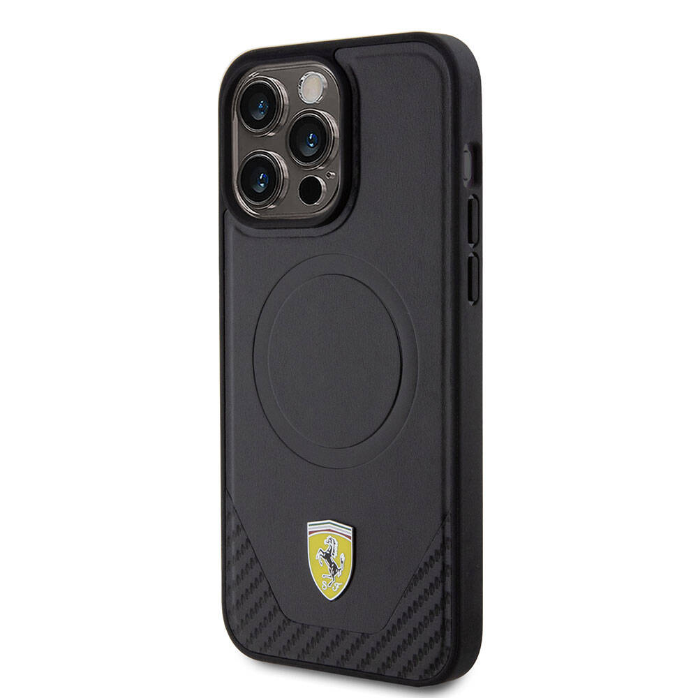 iPhone 15 Pro Max Kılıf Ferrari Orjinal Lisanslı Magsafe Şarj Özellikli Metal Logolu PU Karbon Kılıf Kırmızı