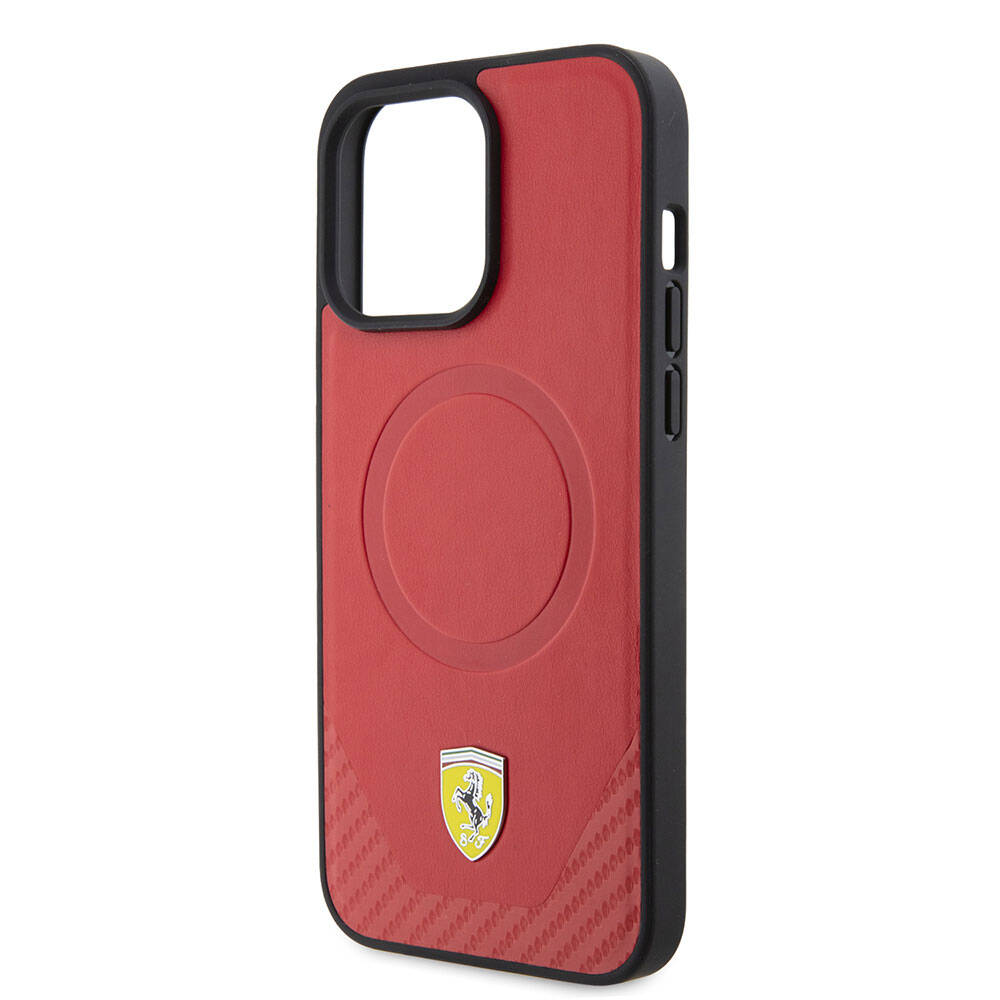 iPhone 15 Pro Max Kılıf Ferrari Orjinal Lisanslı Magsafe Şarj Özellikli Metal Logolu PU Karbon Kılıf Kırmızı