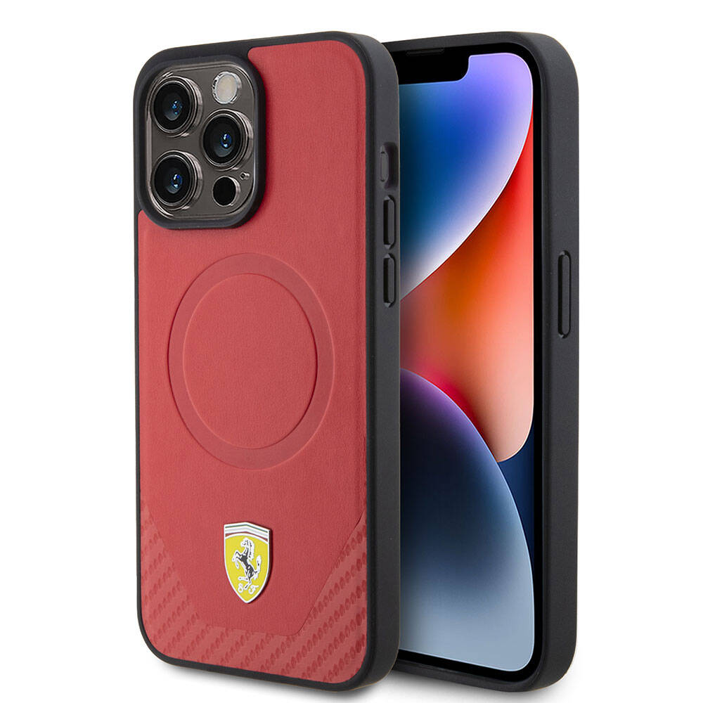 iPhone 15 Pro Max Kılıf Ferrari Orjinal Lisanslı Magsafe Şarj Özellikli Metal Logolu PU Karbon Kılıf Kırmızı