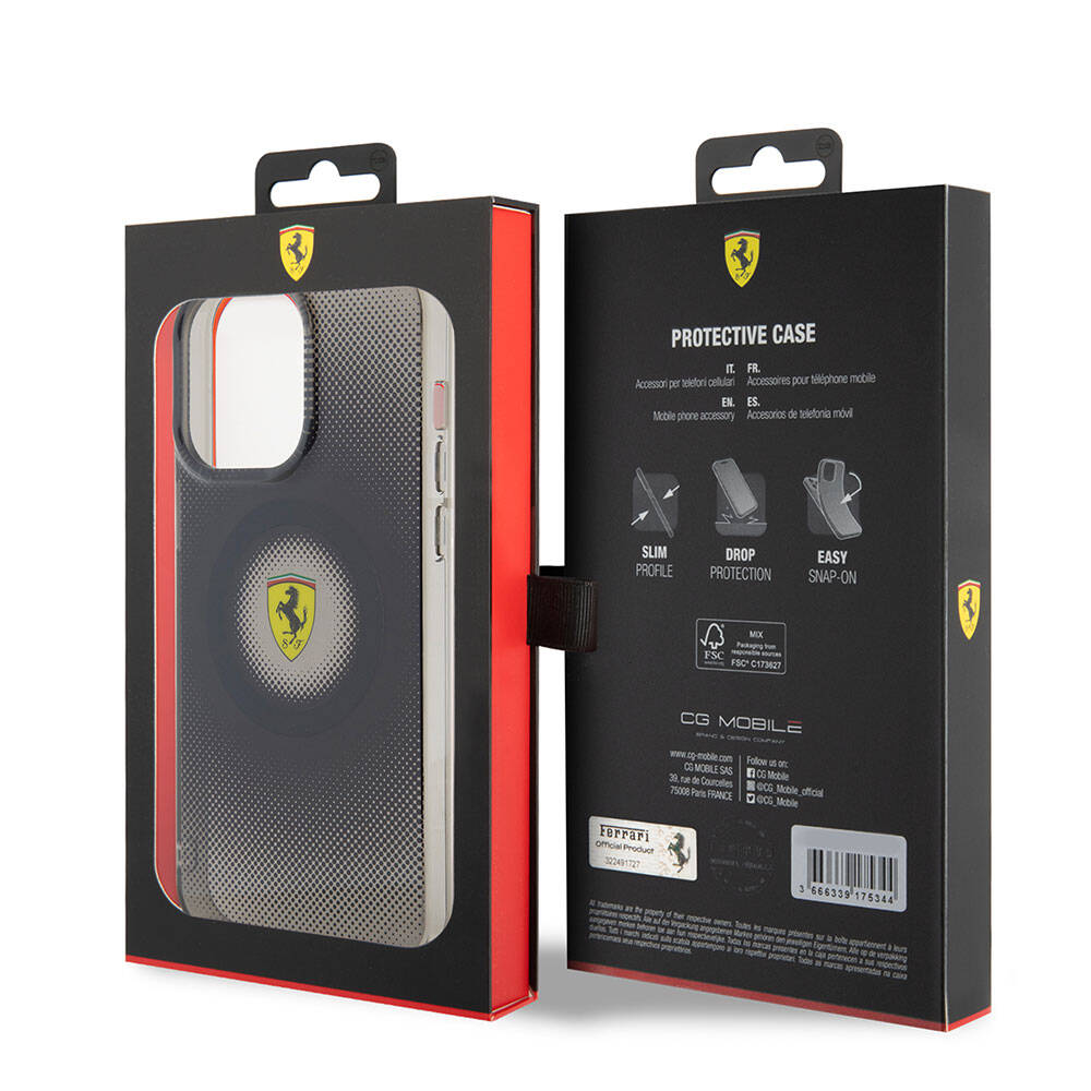 iPhone 15 Pro Max Kılıf Ferrari Orjinal Lisanslı Magsafe Şarj Özellikli Parçalanan Noktalar Desenli Kılıf Kırmızı