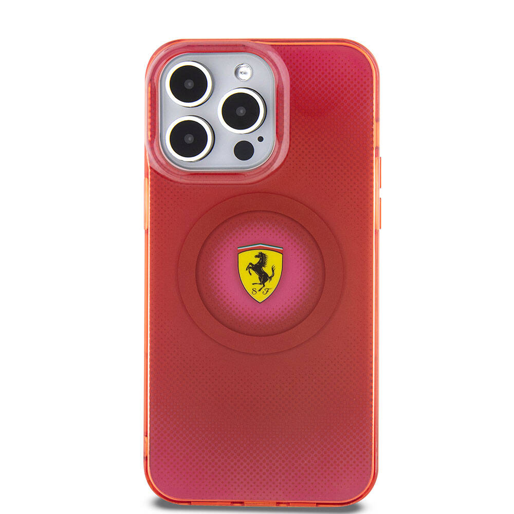 iPhone 15 Pro Max Kılıf Ferrari Orjinal Lisanslı Magsafe Şarj Özellikli Parçalanan Noktalar Desenli Kılıf Kırmızı