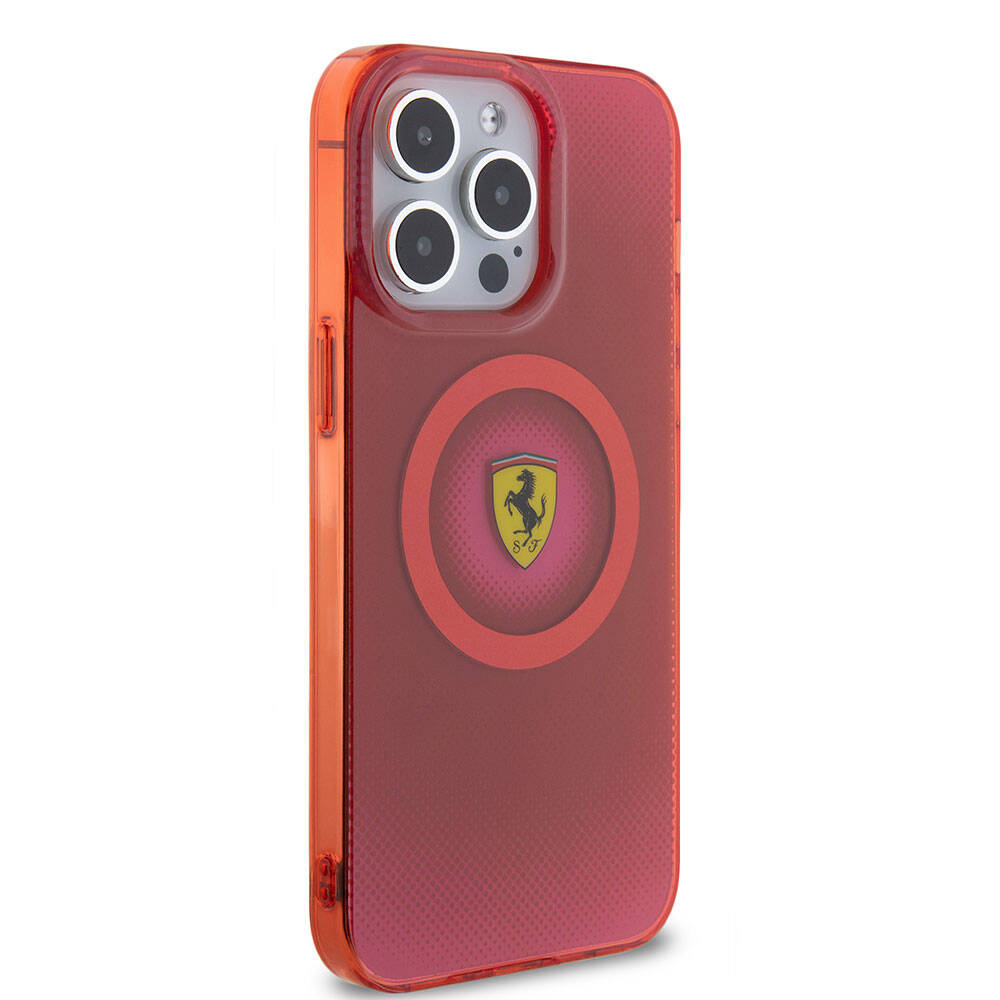 iPhone 15 Pro Max Kılıf Ferrari Orjinal Lisanslı Magsafe Şarj Özellikli Parçalanan Noktalar Desenli Kılıf Kırmızı