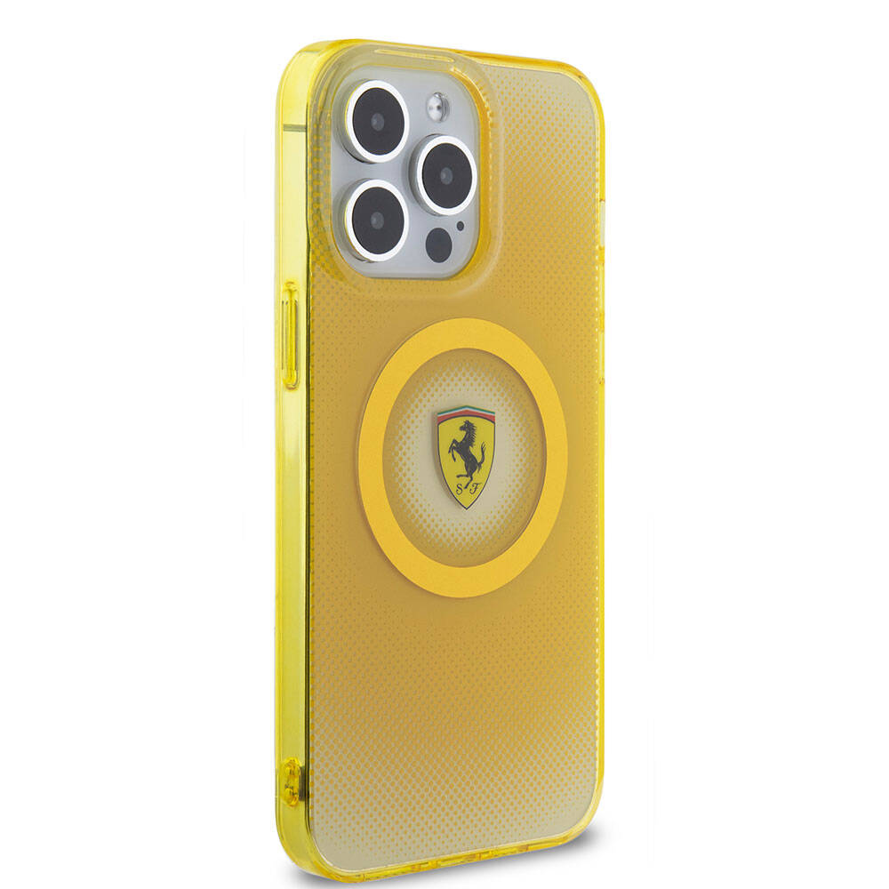 iPhone 15 Pro Max Kılıf Ferrari Orjinal Lisanslı Magsafe Şarj Özellikli Parçalanan Noktalar Desenli Kılıf Sarı
