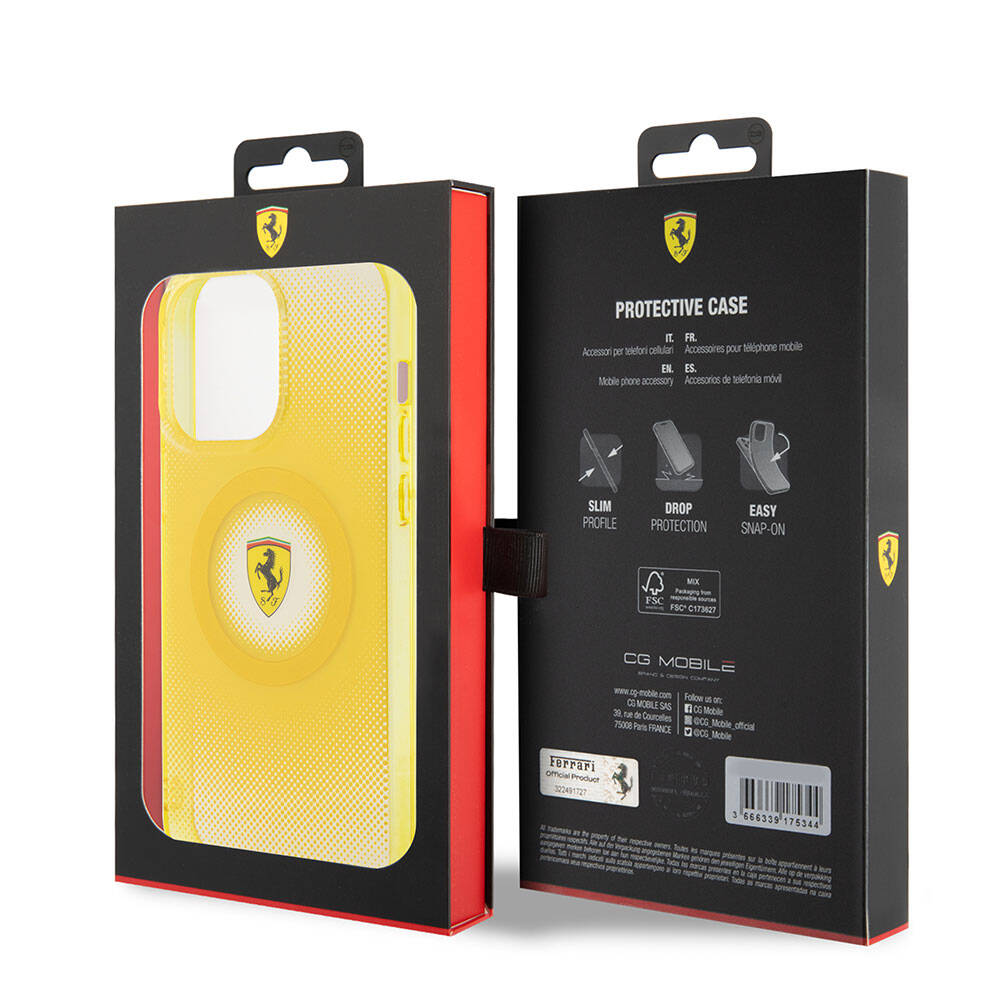 iPhone 15 Pro Max Kılıf Ferrari Orjinal Lisanslı Magsafe Şarj Özellikli Parçalanan Noktalar Desenli Kılıf Kırmızı