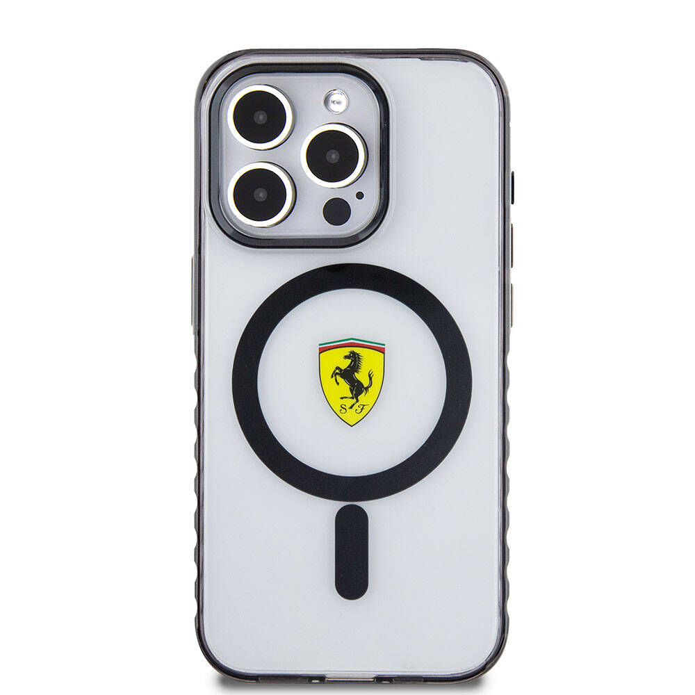 iPhone 15 Pro Max Kılıf Ferrari Orjinal Lisanslı Magsafe Şarj Özellikli Tırtıklı Kenar Tasarımlı Ortalanmış Logo Kılıf Siyah