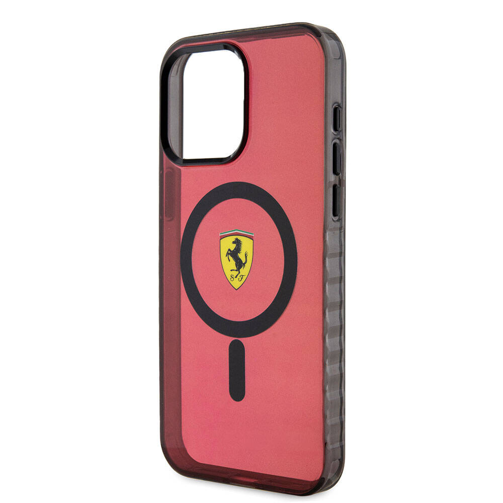 iPhone 15 Pro Max Kılıf Ferrari Orjinal Lisanslı Magsafe Şarj Özellikli Tırtıklı Kenar Tasarımlı Ortalanmış Logo Kılıf Siyah