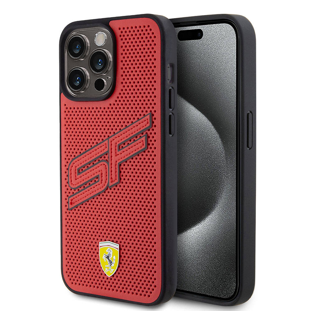 iPhone 15 Pro Max Kılıf Ferrari Orjinal Lisanslı PU Delikli Arka Yüzey Metal Logolu Dikişli Büyük SF Yazılı Kılıf Kırmızı