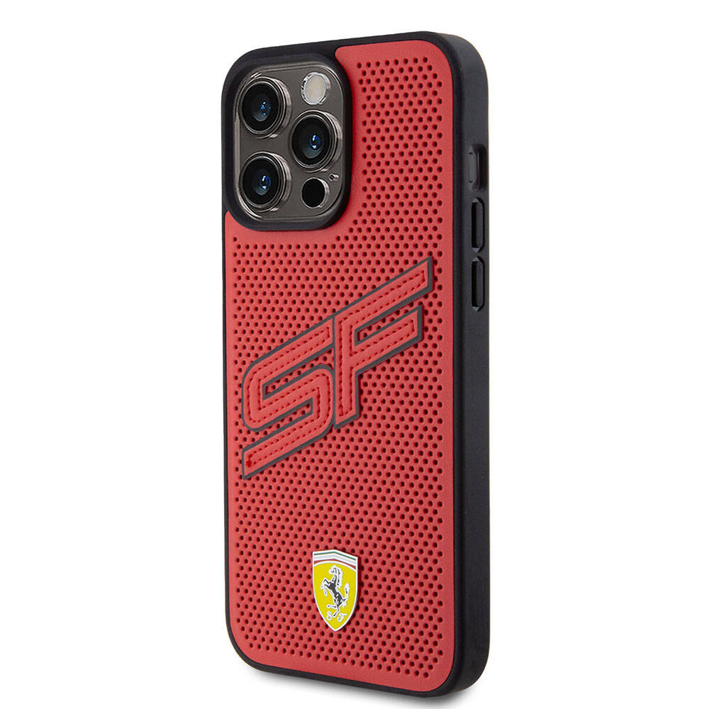 iPhone 15 Pro Max Kılıf Ferrari Orjinal Lisanslı PU Delikli Arka Yüzey Metal Logolu Dikişli Büyük SF Yazılı Kılıf Kırmızı
