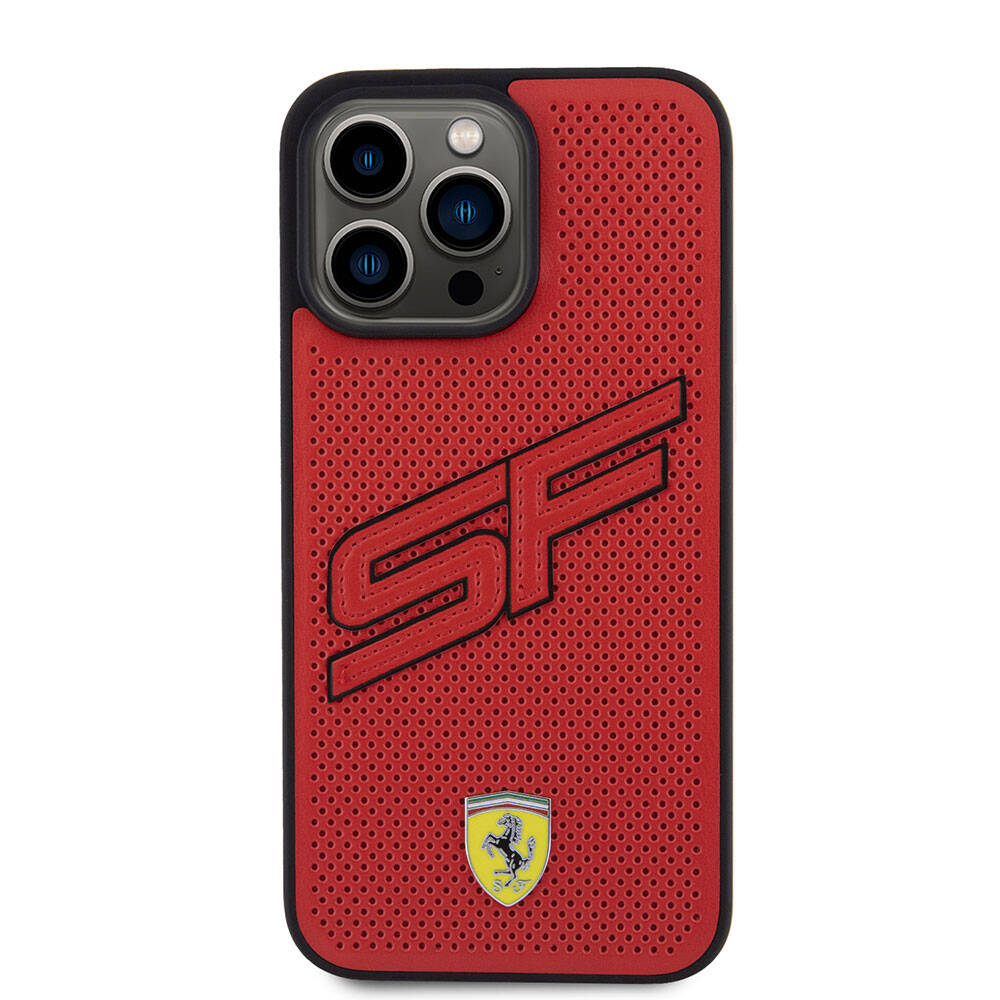 iPhone 15 Pro Max Kılıf Ferrari Orjinal Lisanslı PU Delikli Arka Yüzey Metal Logolu Dikişli Büyük SF Yazılı Kılıf Kırmızı