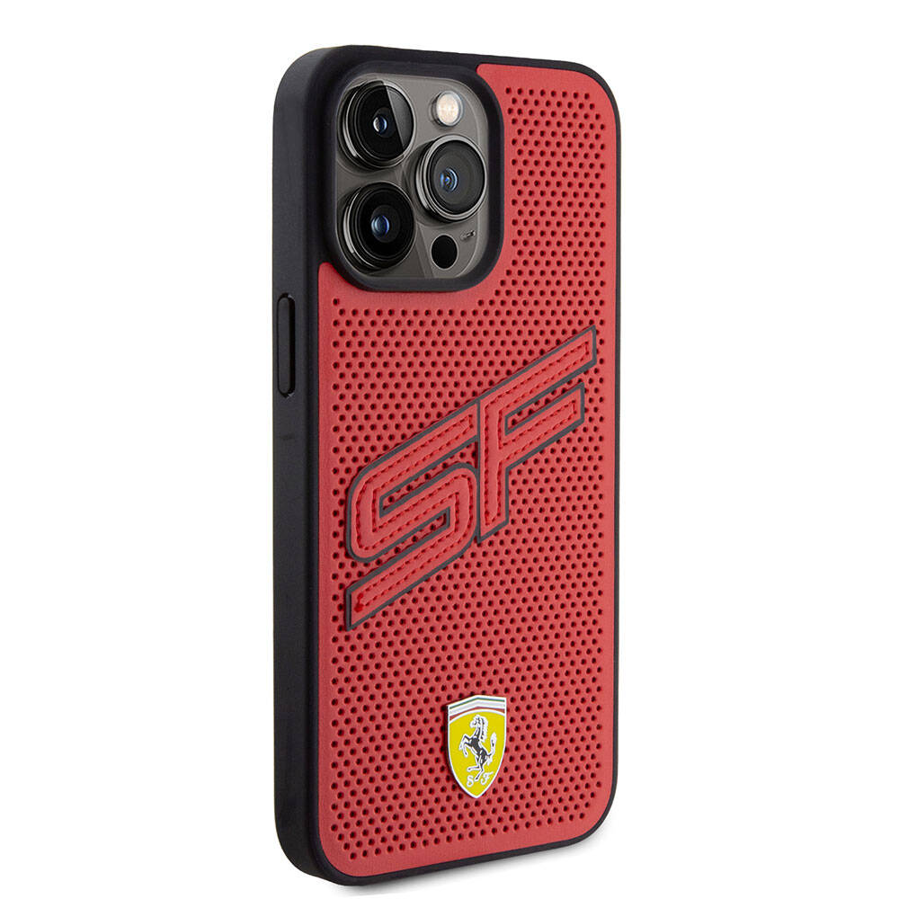 iPhone 15 Pro Max Kılıf Ferrari Orjinal Lisanslı PU Delikli Arka Yüzey Metal Logolu Dikişli Büyük SF Yazılı Kılıf Kırmızı