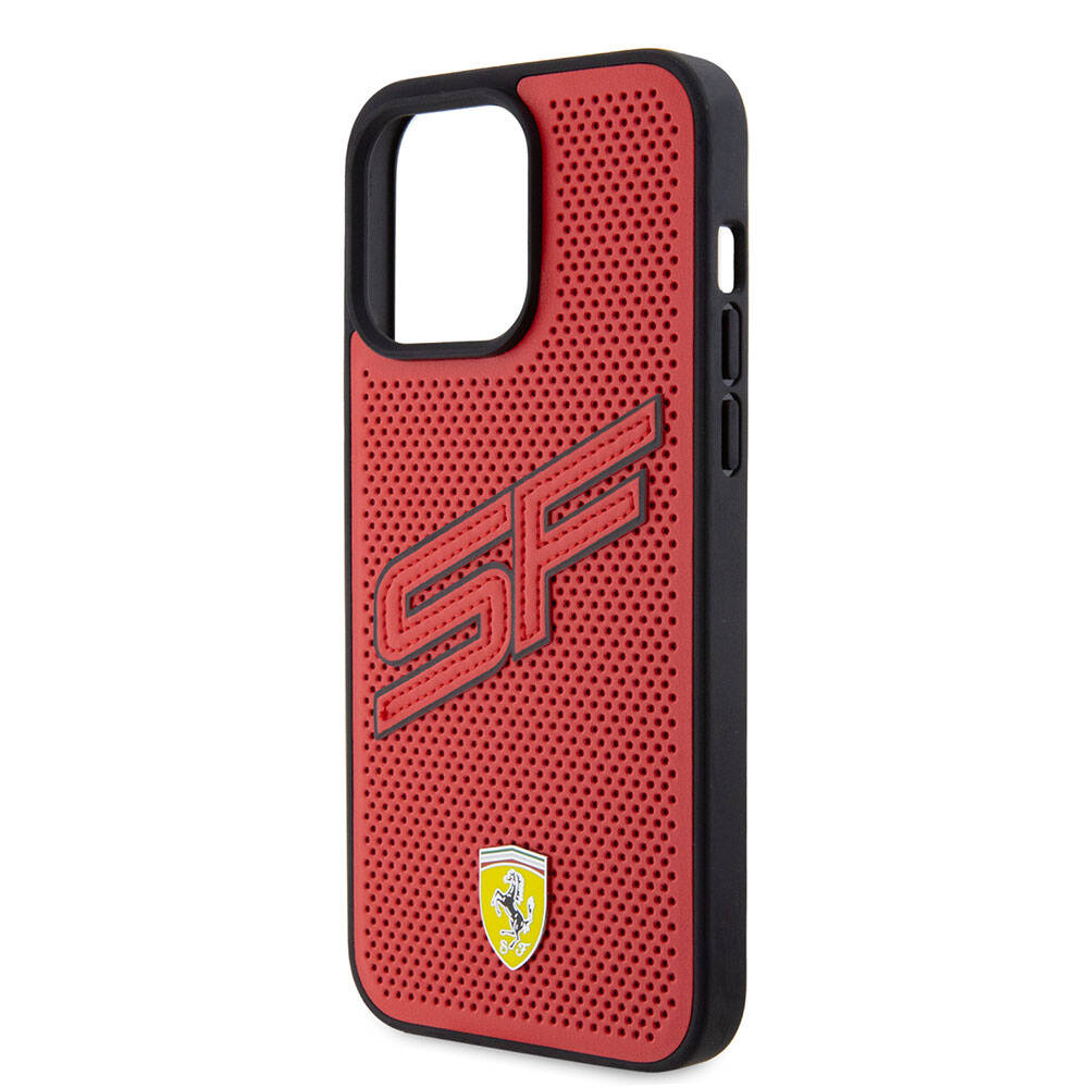 iPhone 15 Pro Max Kılıf Ferrari Orjinal Lisanslı PU Delikli Arka Yüzey Metal Logolu Dikişli Büyük SF Yazılı Kılıf Kırmızı