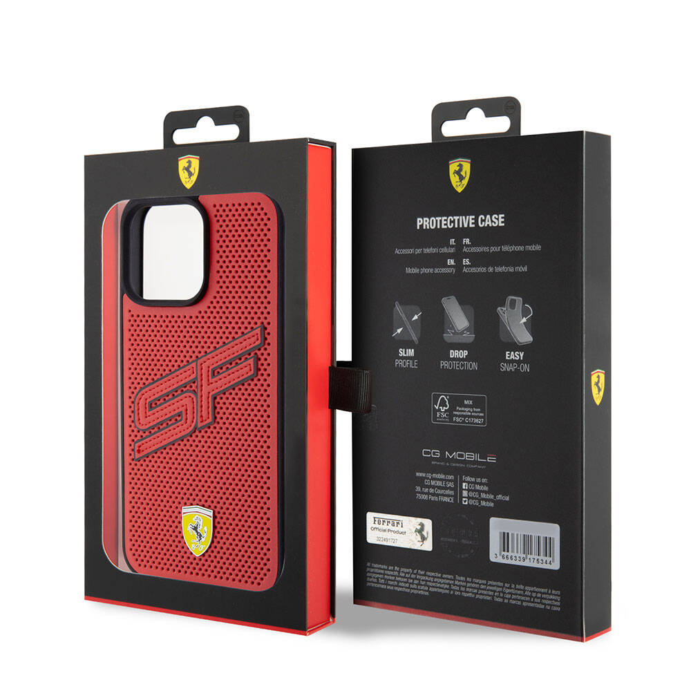 iPhone 15 Pro Max Kılıf Ferrari Orjinal Lisanslı PU Delikli Arka Yüzey Metal Logolu Dikişli Büyük SF Yazılı Kılıf Kırmızı