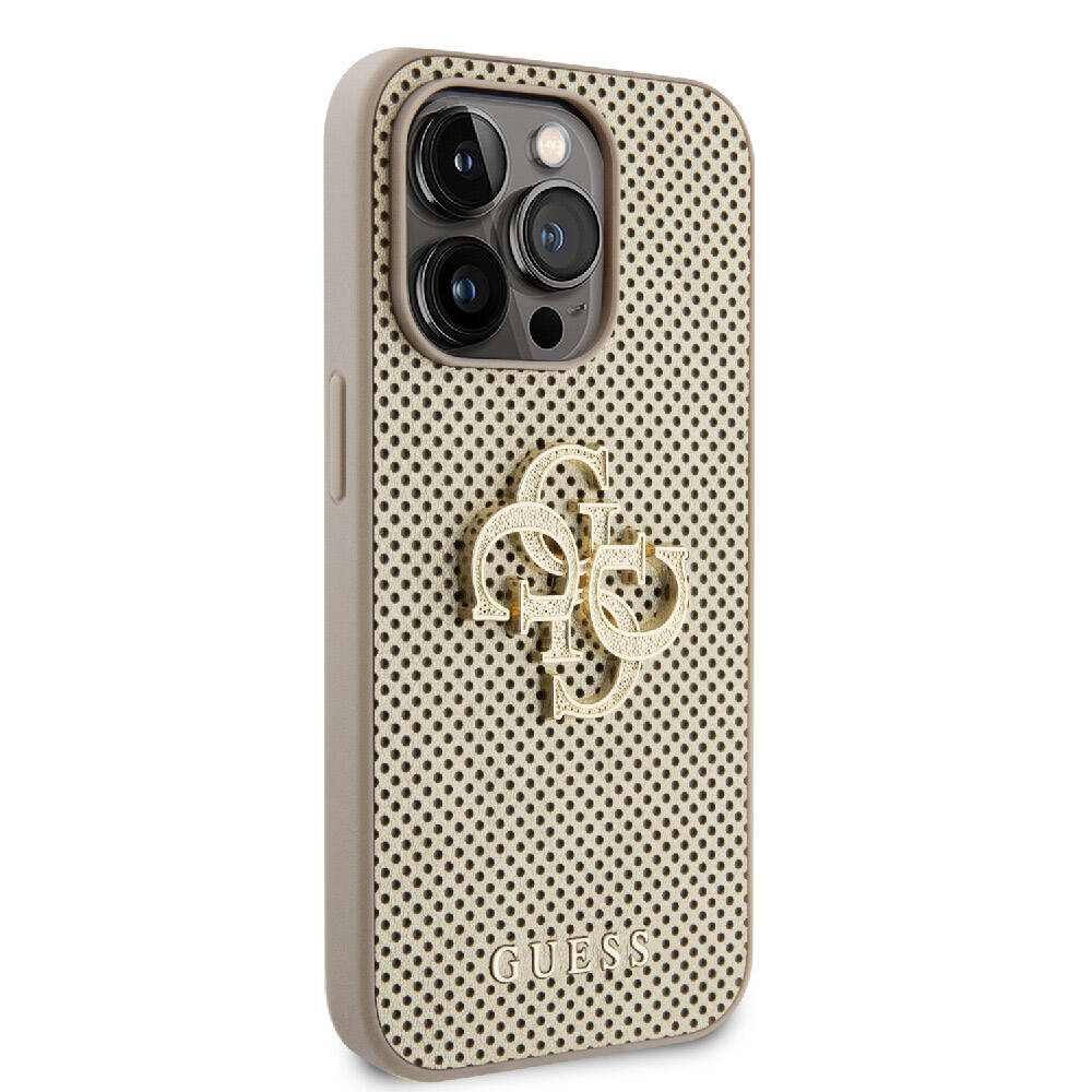 Apple iPhone 15 Pro Max Kılıf Guess Orjinal Lisanslı Delikli Yazı ve 4G Glitter Büyük Metal Logolu Kapak Kahverengi