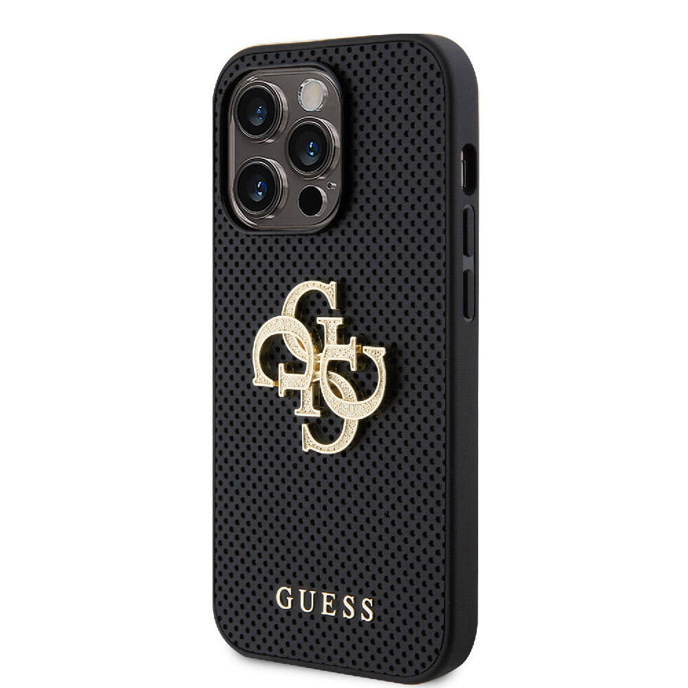 Apple iPhone 15 Pro Max Kılıf Guess Orjinal Lisanslı Delikli Yazı ve 4G Glitter Büyük Metal Logolu Kapak Siyah