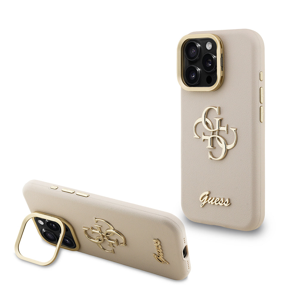 Apple iPhone 15 Pro Max Kılıf Guess Orjinal Lisanslı Grained Yazı Logolu Kamera Standlı Kapak Bej