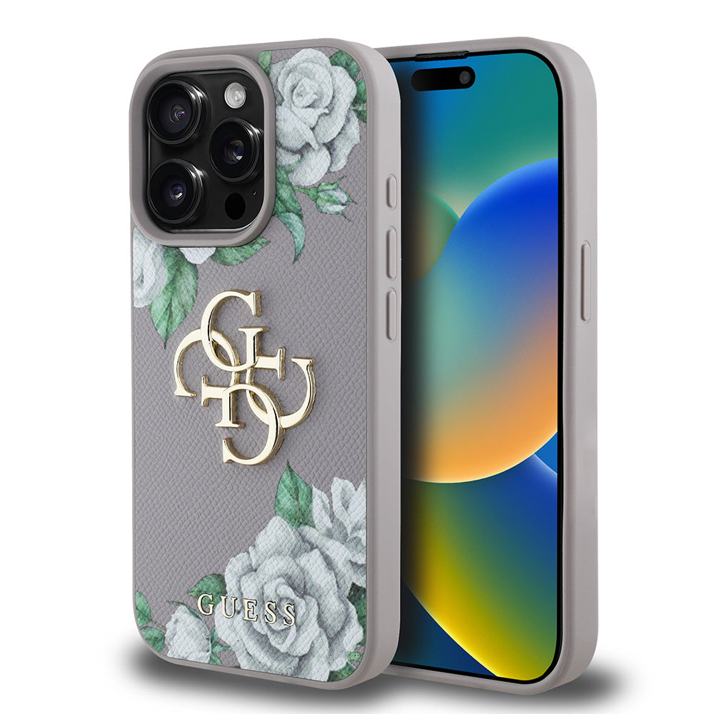 Apple iPhone 15 Pro Max Kılıf Guess Orjinal Lisanslı Gül Baskılı Büyük Metal Logo Dizaynlı Kapak Siyah