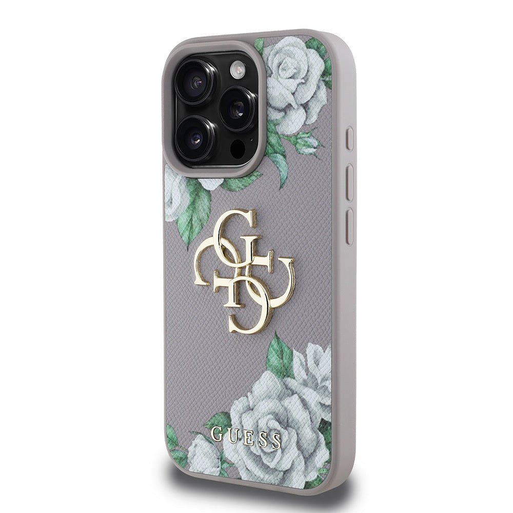 Apple iPhone 15 Pro Max Kılıf Guess Orjinal Lisanslı Gül Baskılı Büyük Metal Logo Dizaynlı Kapak Siyah