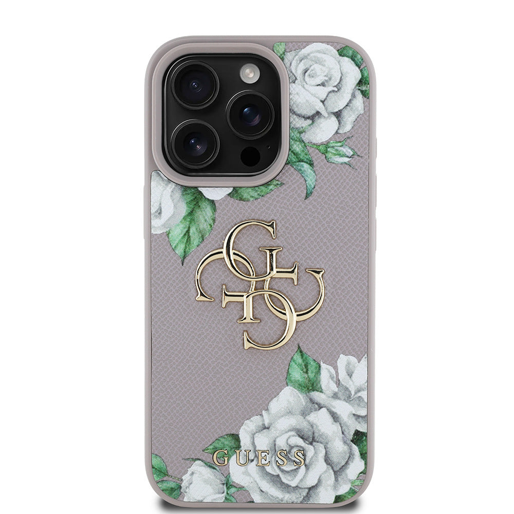 Apple iPhone 15 Pro Max Kılıf Guess Orjinal Lisanslı Gül Baskılı Büyük Metal Logo Dizaynlı Kapak Siyah