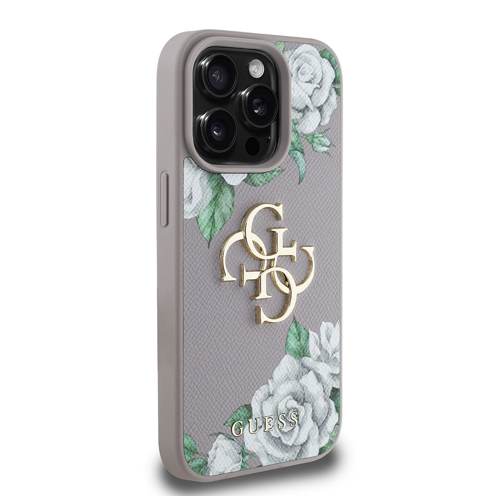 Apple iPhone 15 Pro Max Kılıf Guess Orjinal Lisanslı Gül Baskılı Büyük Metal Logo Dizaynlı Kapak Siyah