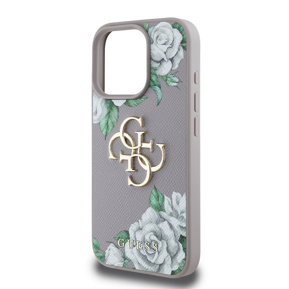 Apple iPhone 15 Pro Max Kılıf Guess Orjinal Lisanslı Gül Baskılı Büyük Metal Logo Dizaynlı Kapak Siyah