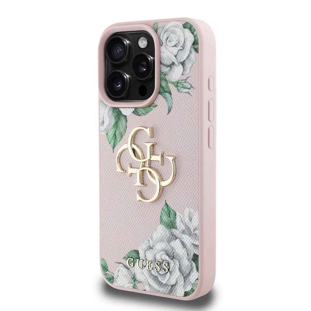 Apple iPhone 15 Pro Max Kılıf Guess Orjinal Lisanslı Gül Baskılı Büyük Metal Logo Dizaynlı Kapak Siyah