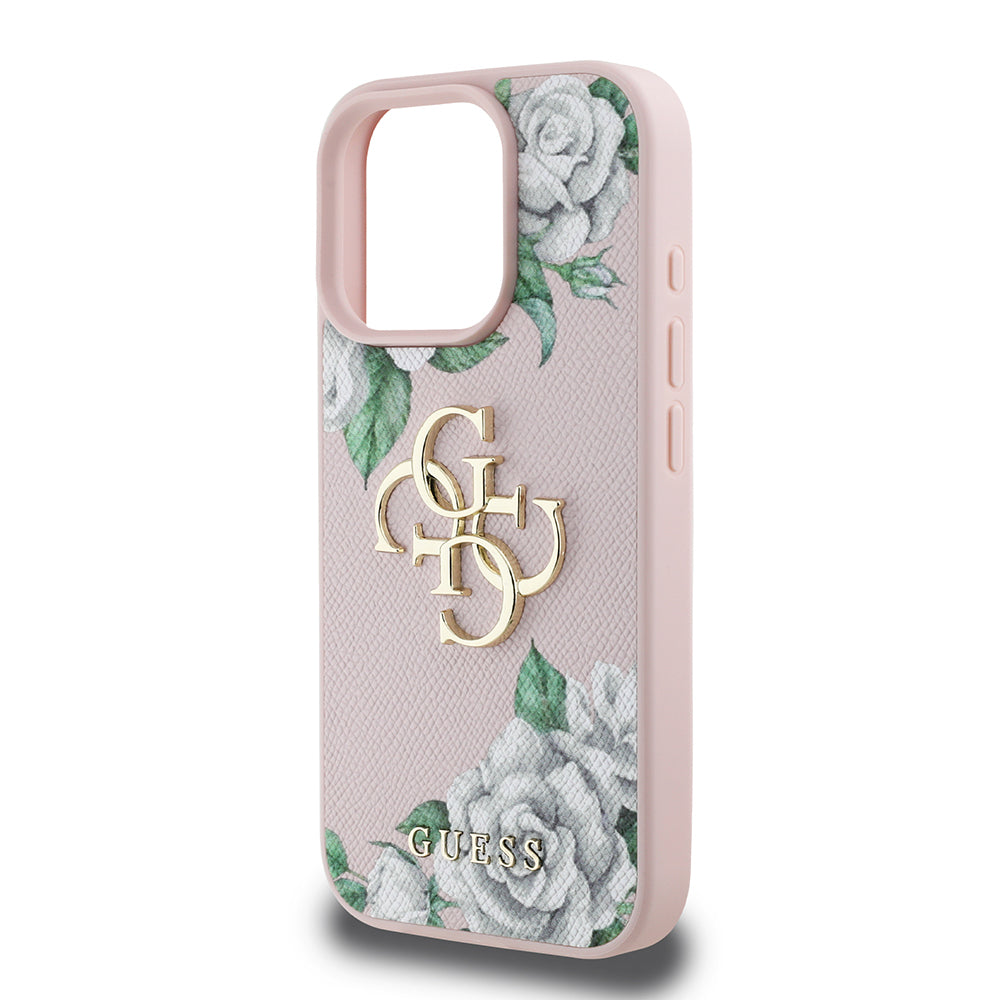 Apple iPhone 15 Pro Max Kılıf Guess Orjinal Lisanslı Gül Baskılı Büyük Metal Logo Dizaynlı Kapak Siyah