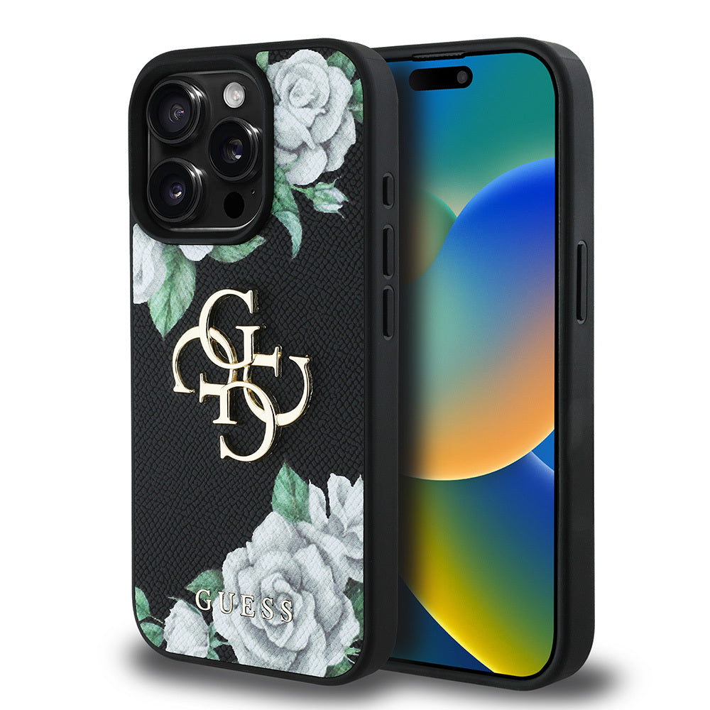 Apple iPhone 15 Pro Max Kılıf Guess Orjinal Lisanslı Gül Baskılı Büyük Metal Logo Dizaynlı Kapak Siyah
