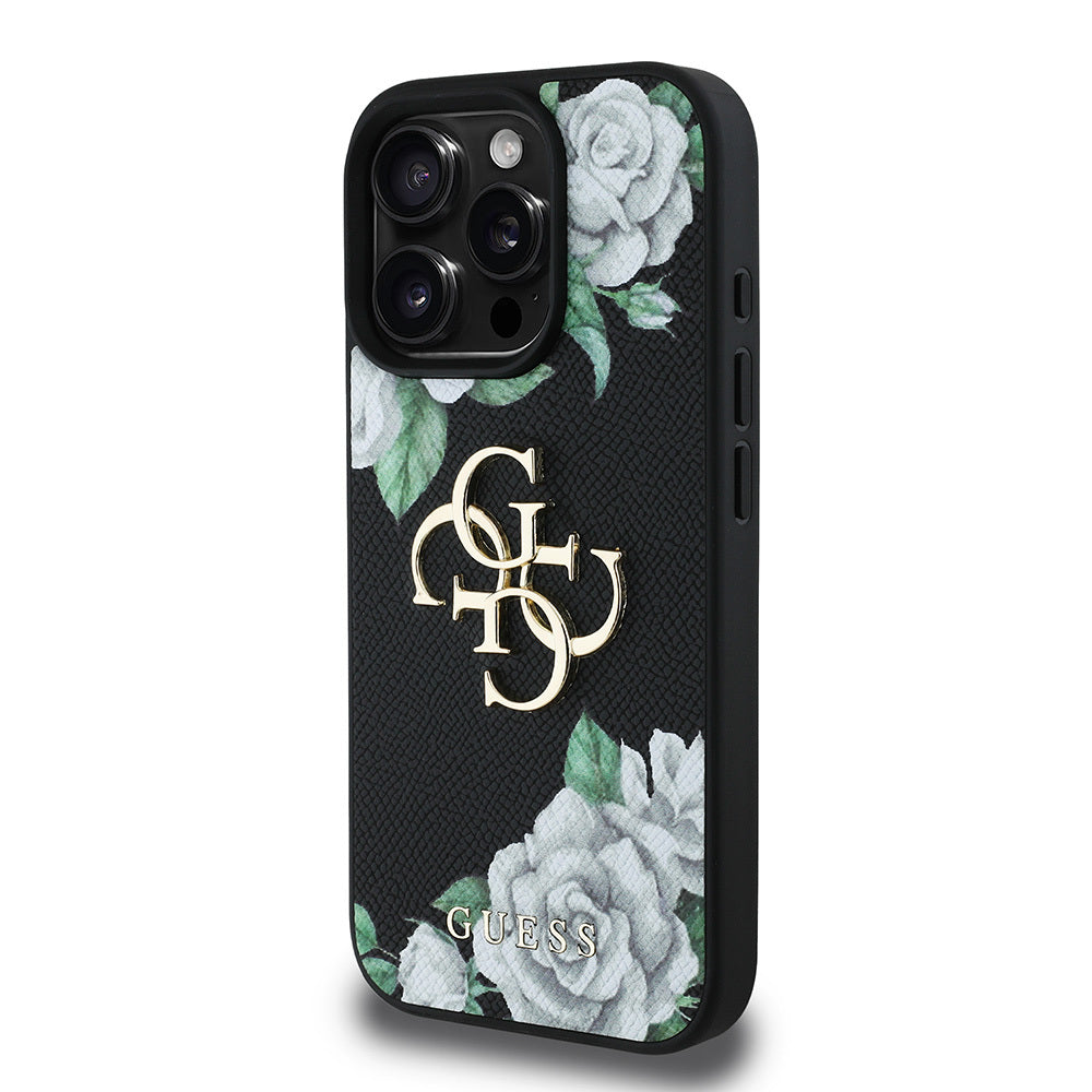Apple iPhone 15 Pro Max Kılıf Guess Orjinal Lisanslı Gül Baskılı Büyük Metal Logo Dizaynlı Kapak Siyah