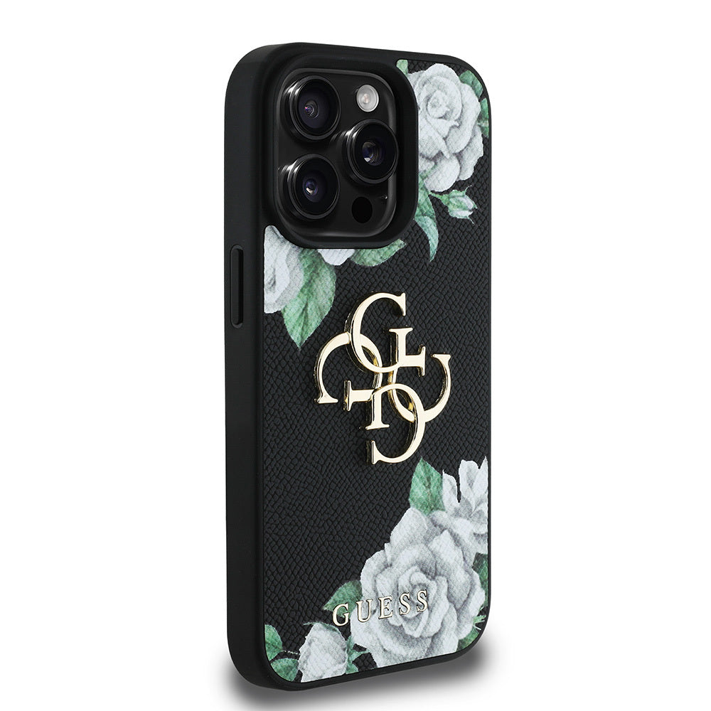 Apple iPhone 15 Pro Max Kılıf Guess Orjinal Lisanslı Gül Baskılı Büyük Metal Logo Dizaynlı Kapak Siyah