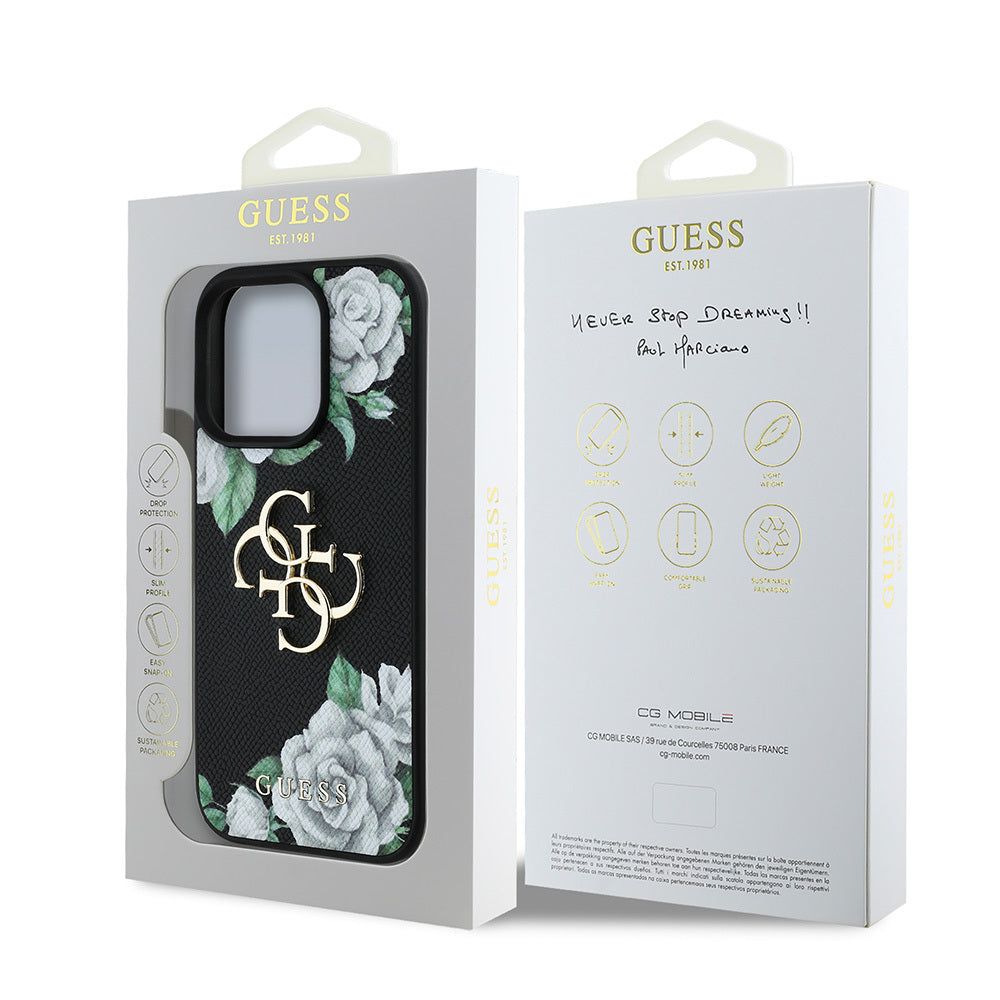 Apple iPhone 15 Pro Max Kılıf Guess Orjinal Lisanslı Gül Baskılı Büyük Metal Logo Dizaynlı Kapak Siyah