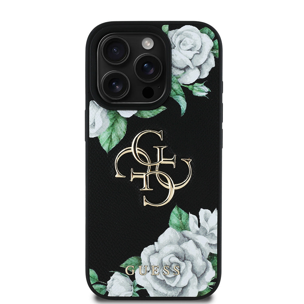 Apple iPhone 15 Pro Max Kılıf Guess Orjinal Lisanslı Gül Baskılı Büyük Metal Logo Dizaynlı Kapak Siyah