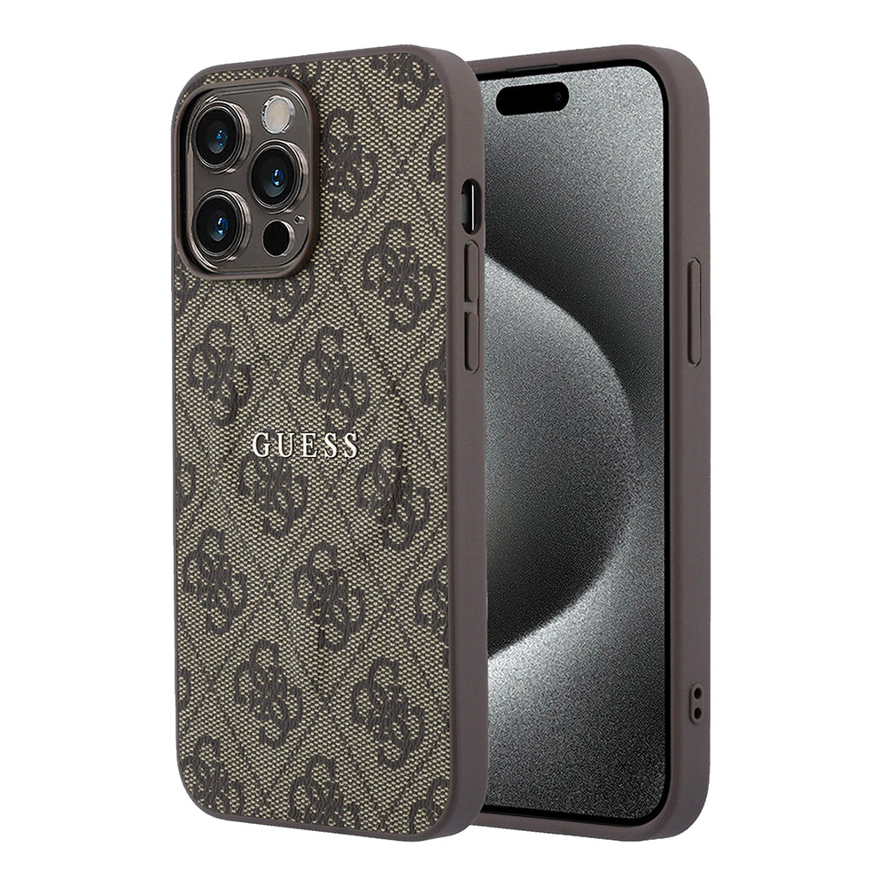 Apple iPhone 15 Pro Max Kılıf Guess Orjinal Lisanslı M-safe Kabartmalı 4G Desenli Yazı Logolu Kapak Kahverengi