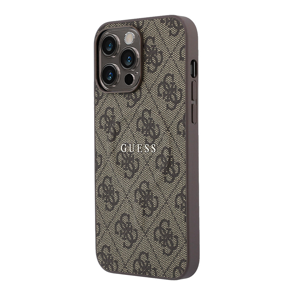 Apple iPhone 15 Pro Max Kılıf Guess Orjinal Lisanslı M-safe Kabartmalı 4G Desenli Yazı Logolu Kapak Kahverengi