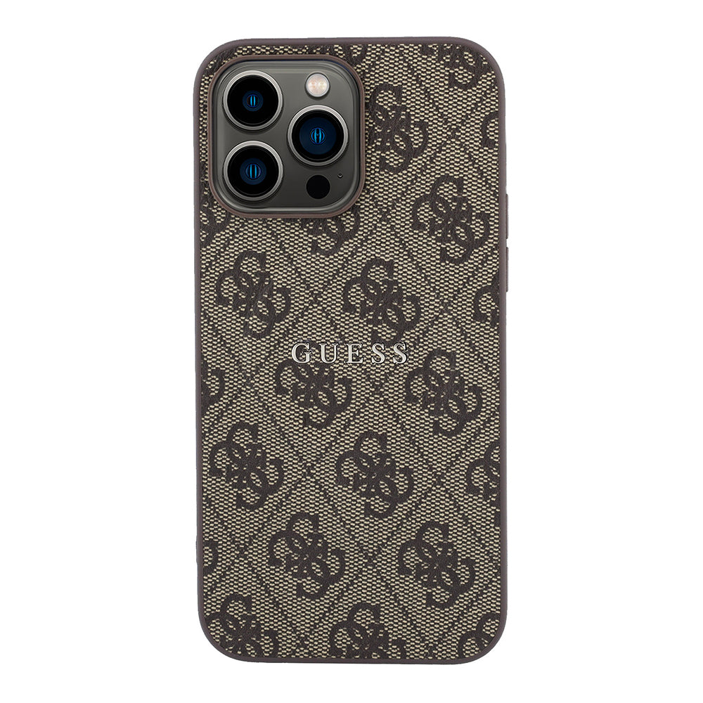 Apple iPhone 15 Pro Max Kılıf Guess Orjinal Lisanslı M-safe Kabartmalı 4G Desenli Yazı Logolu Kapak Kahverengi