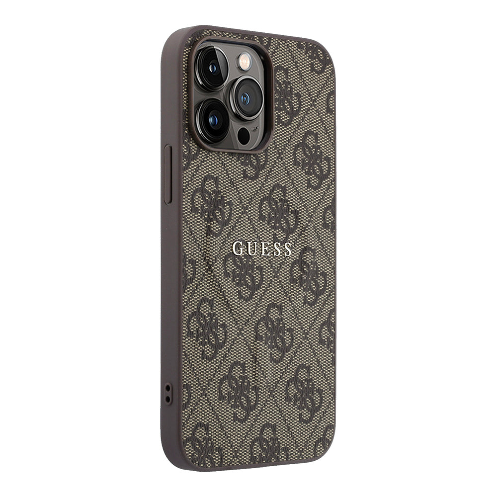 Apple iPhone 15 Pro Max Kılıf Guess Orjinal Lisanslı M-safe Kabartmalı 4G Desenli Yazı Logolu Kapak Kahverengi