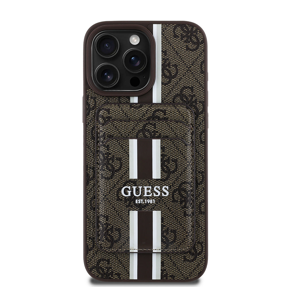 Apple iPhone 15 Pro Max Kılıf Guess Orjinal Lisanslı M-safe Şarj Özellikli 4G Desenli Çizgili Kartlıklı Kapak Kahverengi