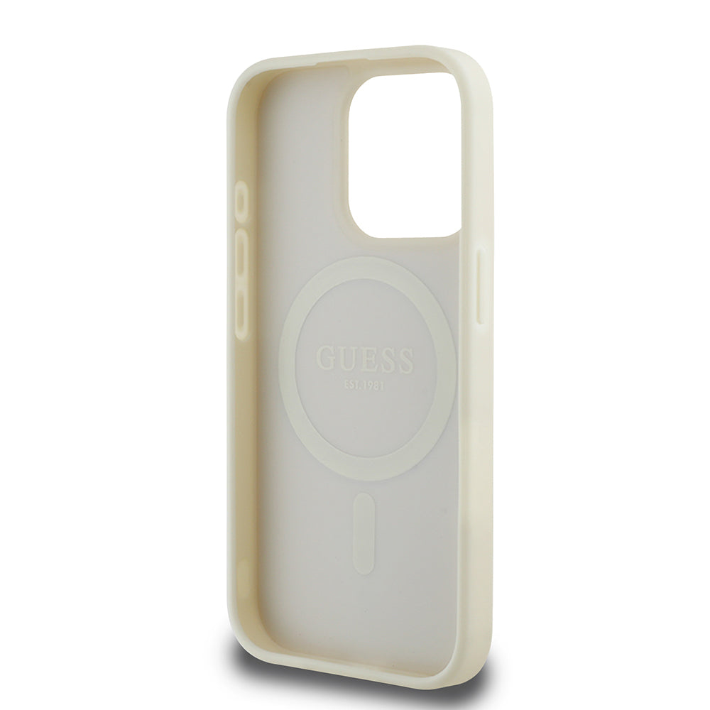Apple iPhone 15 Pro Max Kılıf Guess Orjinal Lisanslı M-safe Şarj Özellikli Sıcak Baskılı Üçgen Logolu PU Deri Peony Kapak Pembe