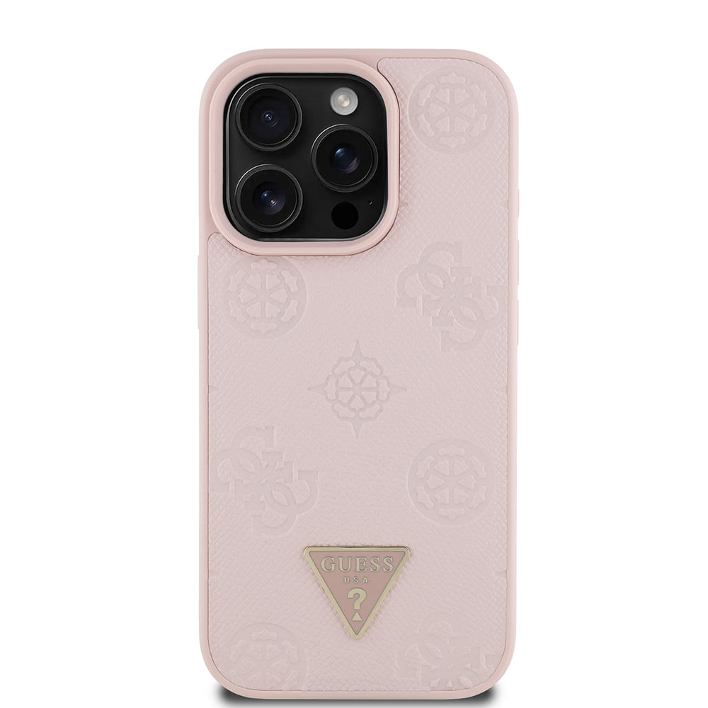 Apple iPhone 15 Pro Max Kılıf Guess Orjinal Lisanslı M-safe Şarj Özellikli Sıcak Baskılı Üçgen Logolu PU Deri Peony Kapak Pembe