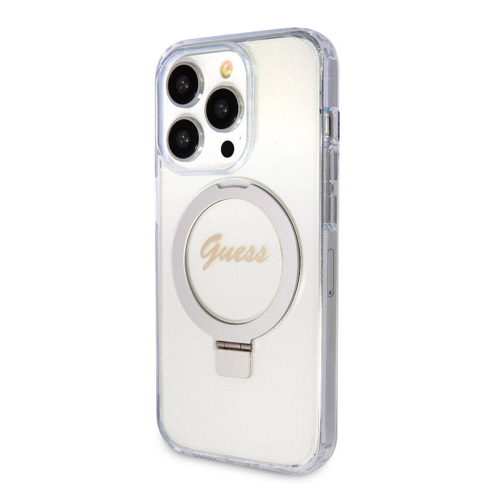 Apple iPhone 15 Pro Max Kılıf Guess Orjinal Lisanslı Magsafe Şarj Özellikli Simli Arka Yüzey Ring Standlı Kapak Siyah