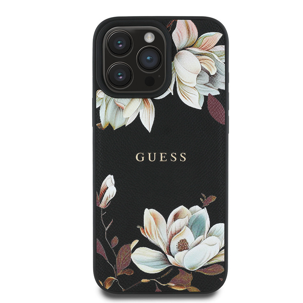 Apple iPhone 15 Pro Max Kılıf Guess Orjinal Lisanslı M-safe Şarj Özellikli Taneli Çiçek Tasarımlı Metal Yazı Logolu Kapak Siyah