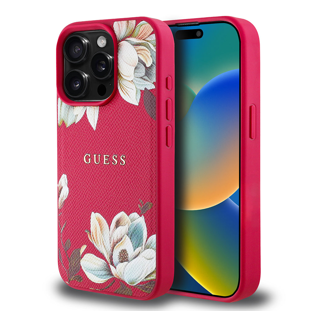Apple iPhone 15 Pro Max Kılıf Guess Orjinal Lisanslı M-safe Şarj Özellikli Taneli Çiçek Tasarımlı Metal Yazı Logolu Kapak Siyah