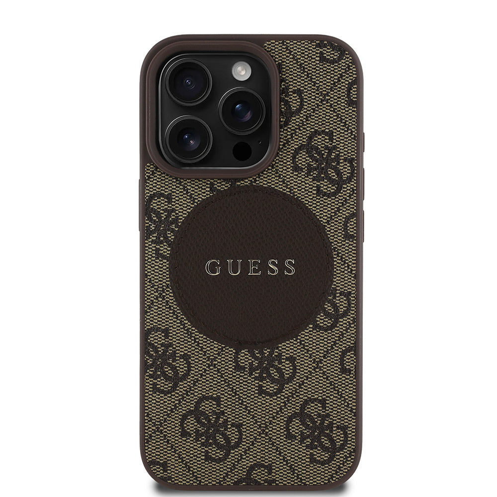 Apple iPhone 15 Pro Max Kılıf Guess Orjinal Lisanslı M-safe Şarj Özellikli Yazı Logolu Circle Classic Kapak Kahverengi