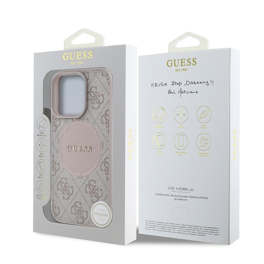 Apple iPhone 15 Pro Max Kılıf Guess Orjinal Lisanslı M-safe Şarj Özellikli Yazı Logolu Circle Classic Kapak Pembe