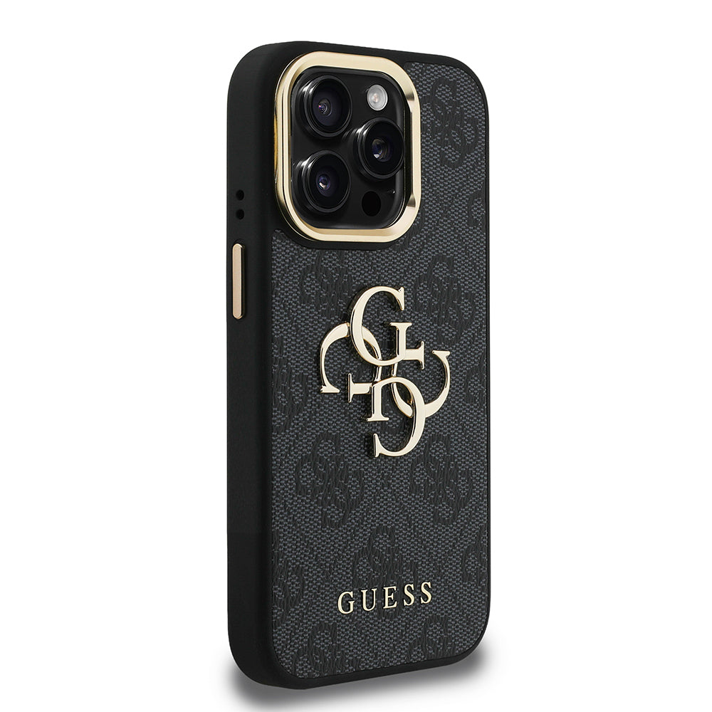 Apple iPhone 15 Pro Max Kılıf Guess Orjinal Lisanslı PU Deri 4G Desenli Metal Büyük 4G ve Yazı Logolu Kamera Standlı Kapak Kahverengi