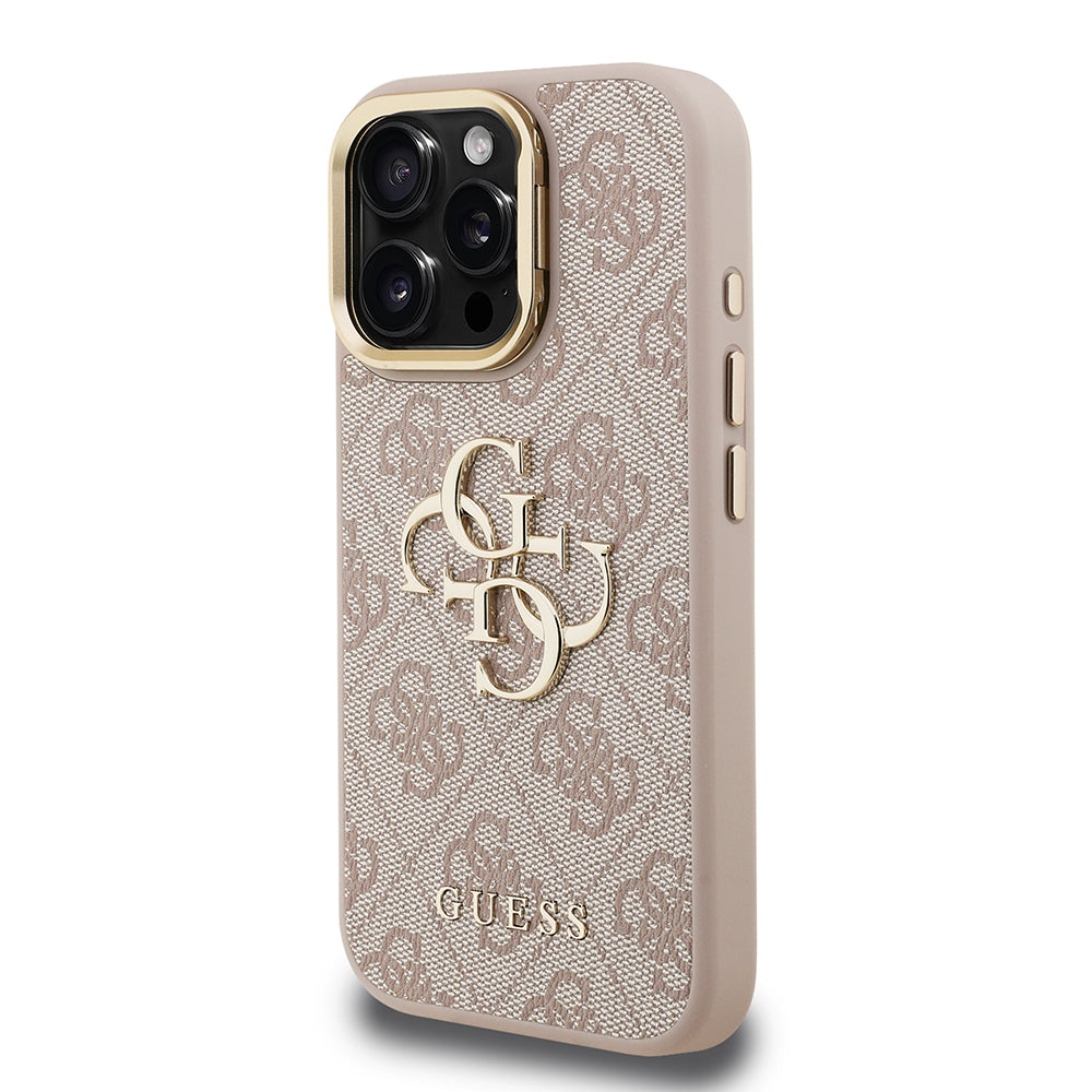 Apple iPhone 15 Pro Max Kılıf Guess Orjinal Lisanslı PU Deri 4G Desenli Metal Büyük 4G ve Yazı Logolu Kamera Standlı Kapak Mavi