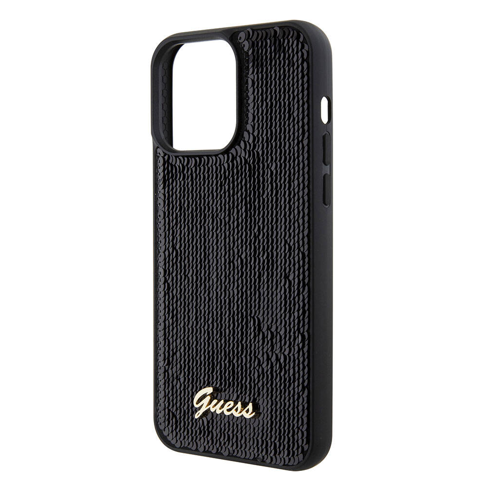 Apple iPhone 15 Pro Max Kılıf Guess Orjinal Lisanslı Pullu Arka Yüzey Metal Yazı Logolu Sequin Script Kapak Gümüş