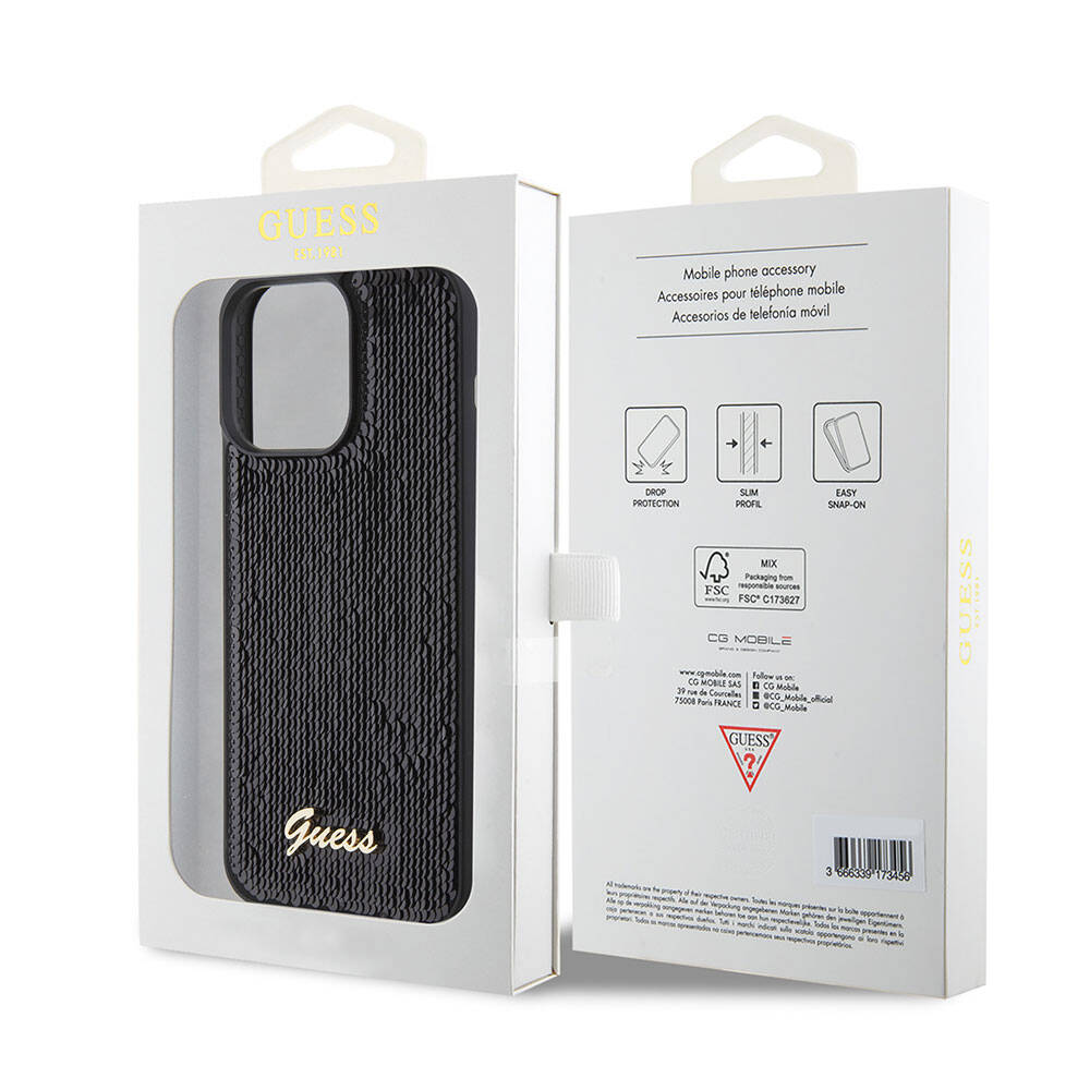 Apple iPhone 15 Pro Max Kılıf Guess Orjinal Lisanslı Pullu Arka Yüzey Metal Yazı Logolu Sequin Script Kapak Gümüş