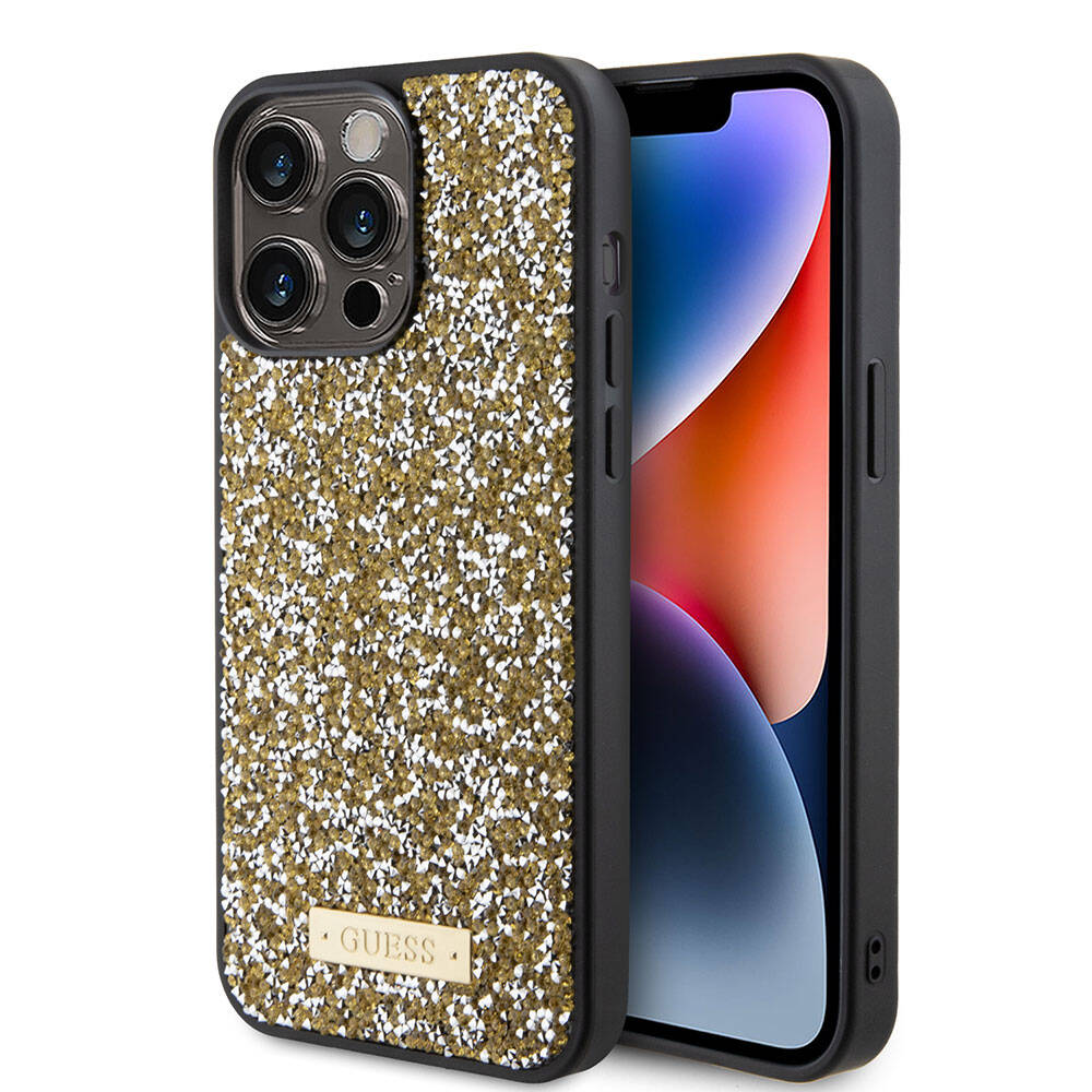 Apple iPhone 15 Pro Max Kılıf Guess Orjinal Lisanslı Taşlı Arka Yüzey Metal Yazı Logolu Kapak Siyah