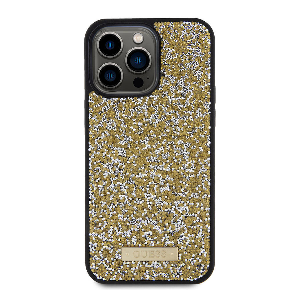Apple iPhone 15 Pro Max Kılıf Guess Orjinal Lisanslı Taşlı Arka Yüzey Metal Yazı Logolu Kapak Siyah